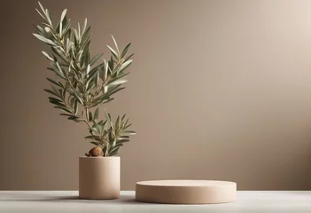Deurstickers Product display podium for natural product Empty scene with olive tree branch Cosmetic mockup clean © FrameFinesse