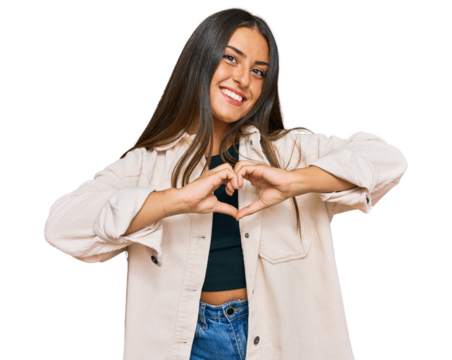 Beautiful hispanic woman wearing casual clothes smiling in love showing heart symbol and shape with hands. romantic concept.