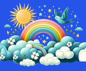 Fototapeta na wymiar Cotton clouds with rainbow birds with blue sky background