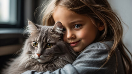 Portrait of a beautiful little girl with a cat at home