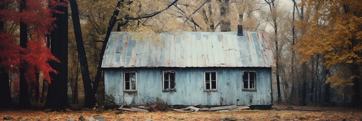 Abandoned wooden house among the trees with peeling paint. Colors blue brown yellow and faded red.