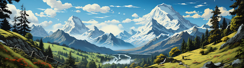 "Image of mountainous landscape, countryside, mountain range, illustration of mountains and snow."





