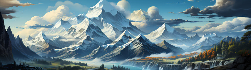 "Image of mountainous landscape, countryside, mountain range, illustration of mountains and snow."




