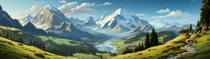 "Image of mountainous landscape, countryside, mountain range, illustration of mountains and snow."




