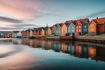 Fototapeta premium Colorful houses over water in Trondheim city - Norway