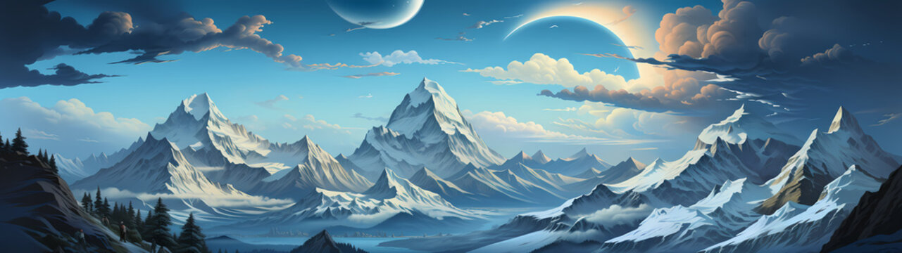 "Image of mountainous landscape, countryside, mountain range, illustration of mountains and snow."




