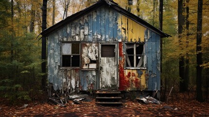 Abandoned wooden house among the trees with peeling paint. Colors blue brown yellow and faded red.