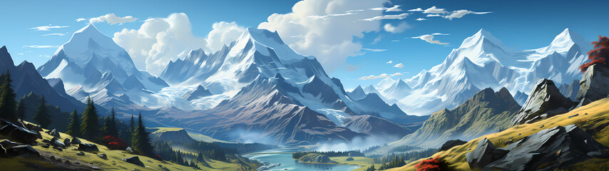 "Image of mountainous landscape, countryside, mountain range, illustration of mountains and snow."




