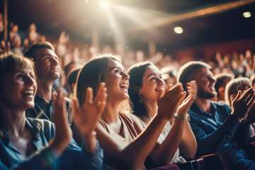 Audience in theater applauding, clapping hands, cheering, sitting together, and having fun in backlight. Visitors in theater, cinema, show. Happy. - obrazy, fototapety, plakaty