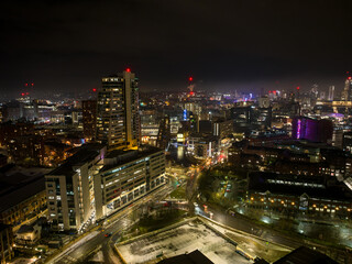 Fototapeta na wymiar Aerial Night Shot of the Centre of Leeds, West Yorkshire, UK