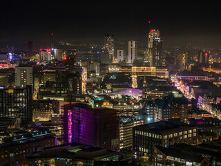 Aerial Night Shot of the Centre of Leeds, West Yorkshire, UK