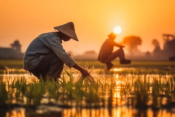 Foto op Canvas Asian farmer workers working at rice farm fields and harvesting rice. Vintage clothing with straw hats. Beautiful sunrise in morning. © VisualProduction