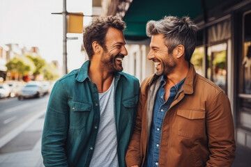 Homosexual men holding hands, smiling at each other. Romantic Kiss, two males gay feel tenderness, cherishing their profound emotional intimacy. - Powered by Adobe