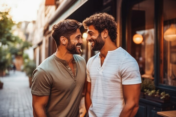 Homosexual men holding hands, smiling at each other. Romantic Kiss, two males gay feel tenderness, cherishing their profound emotional intimacy. - obrazy, fototapety, plakaty