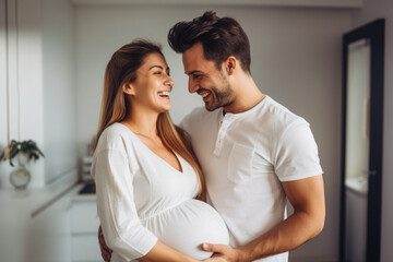 Fototapeta premium Man and woman smiling and being happy because they found out they will get a baby at doctors office at examination. Pregnancy, hugging.