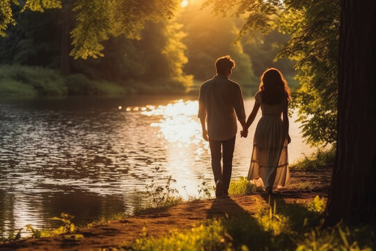 Walking together in nature near river. Sweet young couple outdoors, man and woman in love. Romantics, affection, hugging and holding hands.