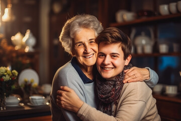 Teenage grandson hugs his old grandmother at home. blurred background. Caring grandparent comforting teenage grandson. - obrazy, fototapety, plakaty