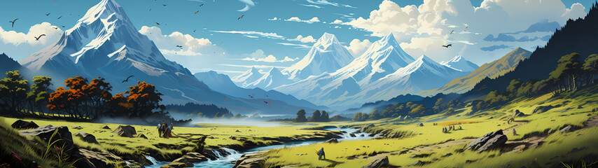 "Image of mountainous landscape, countryside, mountain range, illustration of mountains and snow."




