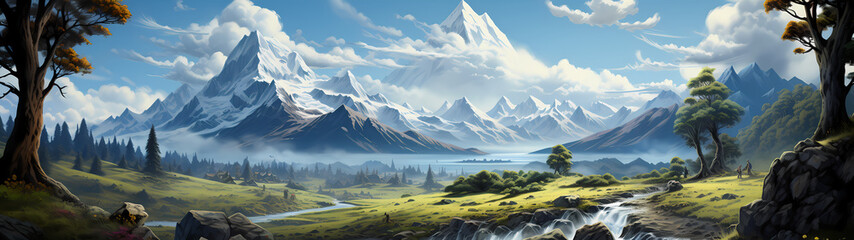 "Image of mountainous landscape, countryside, mountain range, illustration of mountains and snow."




