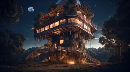 fururistic tree house surrounded by greenery. Created with Generative AI.