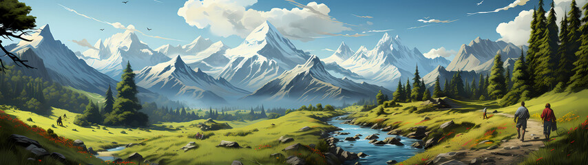 "Image of mountainous landscape, countryside, mountain range, illustration of mountains and snow."




