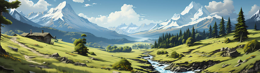 "Image of mountainous landscape, countryside, mountain range, illustration of mountains and snow."




