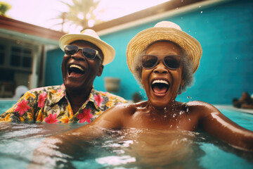 Portrait of happy senior couple having fun in swimming pool.