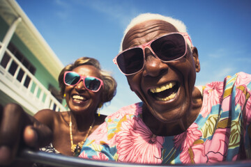 Portrait of happy senior couple having fun in swimming pool.