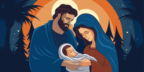 Christmas Eve scene. Birth of jesus christ. Merry Christmas. Holy Family - obrazy, fototapety, plakaty