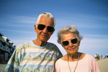 Old photo portrait of senior couple in sunglasses.