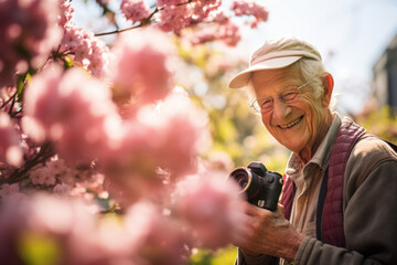 Portrait of smiling senior man taking a picture of a bunch of flowers with camera. - obrazy, fototapety, plakaty