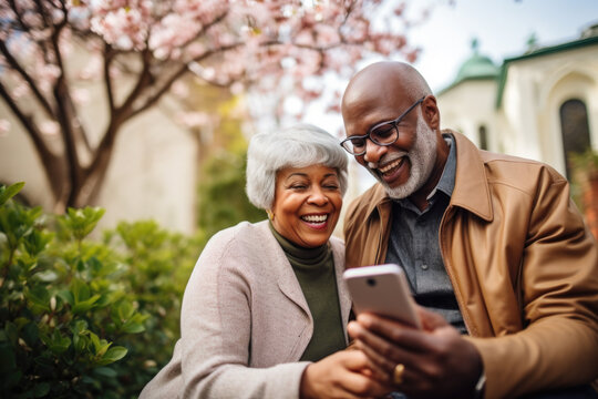 Smiling senior couple looking at smart phone in park.
