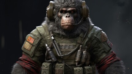 Gorilla dressed as a war soldier. Created with Generative AI. - obrazy, fototapety, plakaty