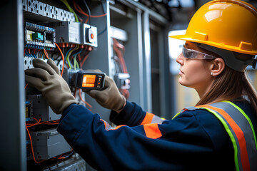 Female commercial electrician at work on a fuse box