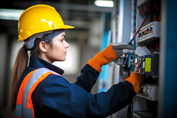 Female commercial electrician at work on a fuse box