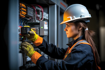 Female commercial electrician at work on a fuse box