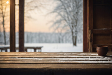 
Empty old wooden table with winter theme in background
