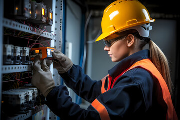 Female commercial electrician at work on a fuse box