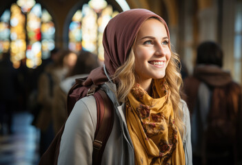 Side view of a blond woman in the city
