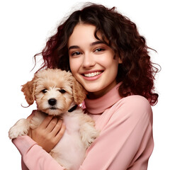 Happy young woman with hugging cute puppy, smiling as pet owner holding dog with love and care in studio, isolated on transparent background Generative AI