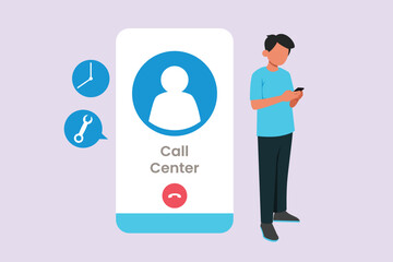 Man during work calls. Customer service and support concept. Colored flat vector illustration isolated.