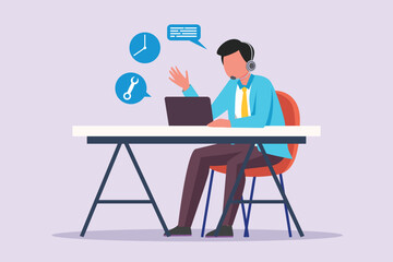 Man during work calls. Customer service and support concept. Colored flat vector illustration isolated.