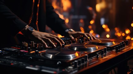 Close up of DJ hands adjusting controls on a mixing deck at a party. Generative AI.