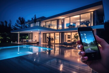 Smart home solutions, remote control via mobile devices and energy optimization. Generative AI. - obrazy, fototapety, plakaty
