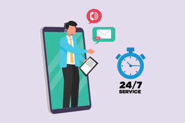 Man during work calls. Customer service and support concept. Colored flat vector illustration isolated.