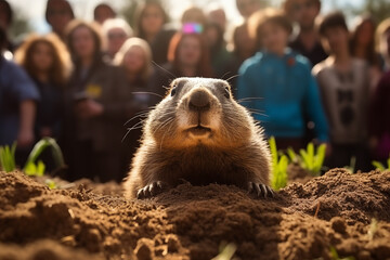 Groundhog emerges from a hole in the ground to predict the spring weather as a crowd gathers around