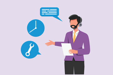 Man during work calls. Customer service and support concept. Colored flat vector illustration isolated.