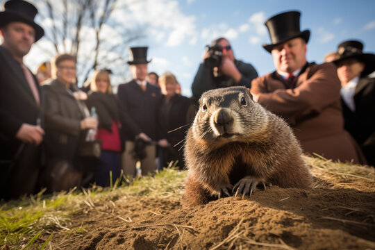 Groundhog emerges from a hole in the ground to predict the spring weather as a crowd gathers around