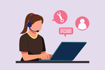 Woman during work calls. Customer service and support concept. Colored flat vector illustration isolated.