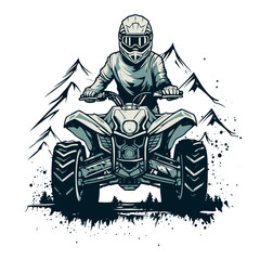 A person riding a four wheeler atv with mountains in the background - obrazy, fototapety, plakaty